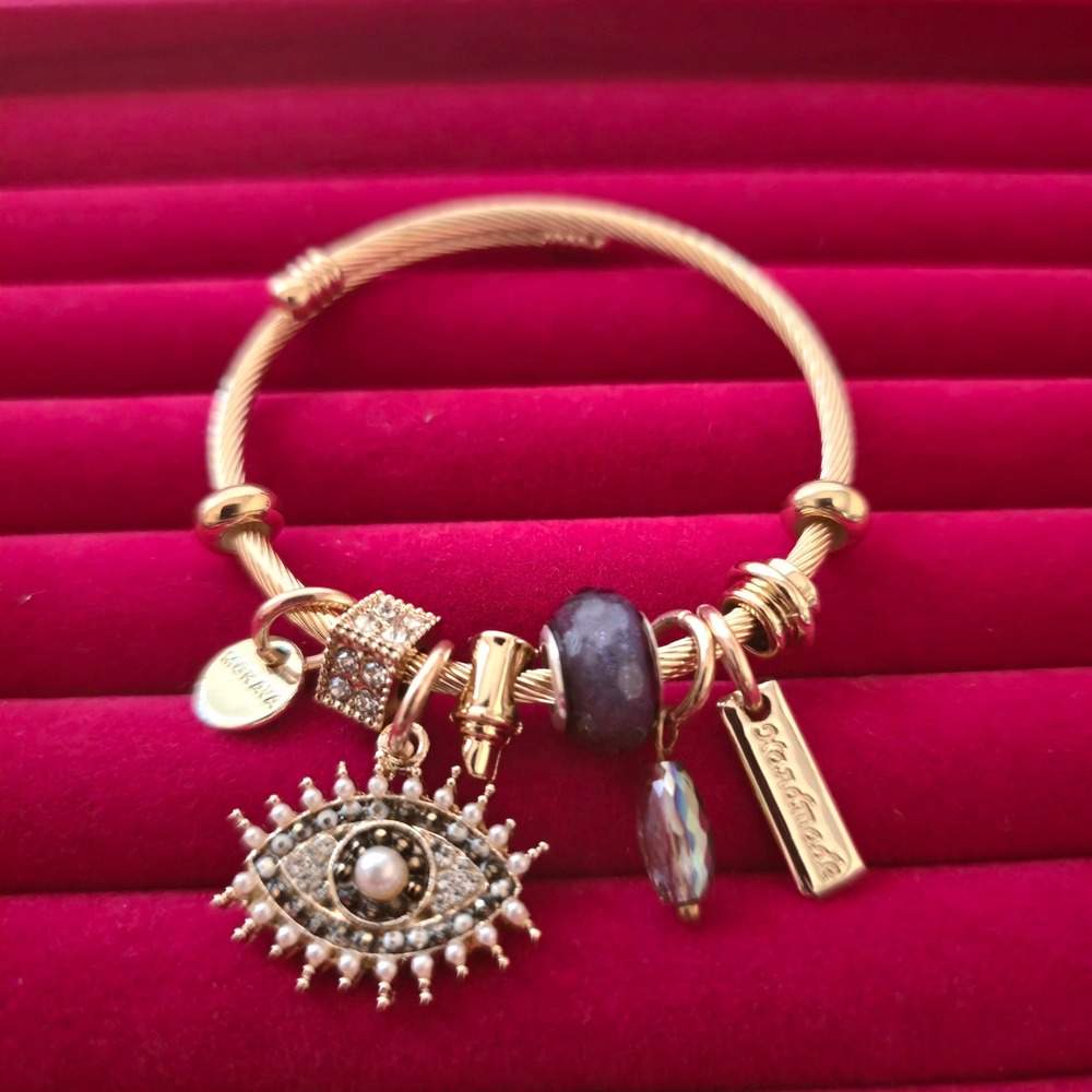 14K Gold Plated Evil Eye Charm Bangle Open Cuff Bracelet Size 7